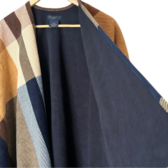 Rachel Roy Plaid Fringe Poncho Wrap Cape Shawl – Neutral Colorblock OS - Picture 5 of 10